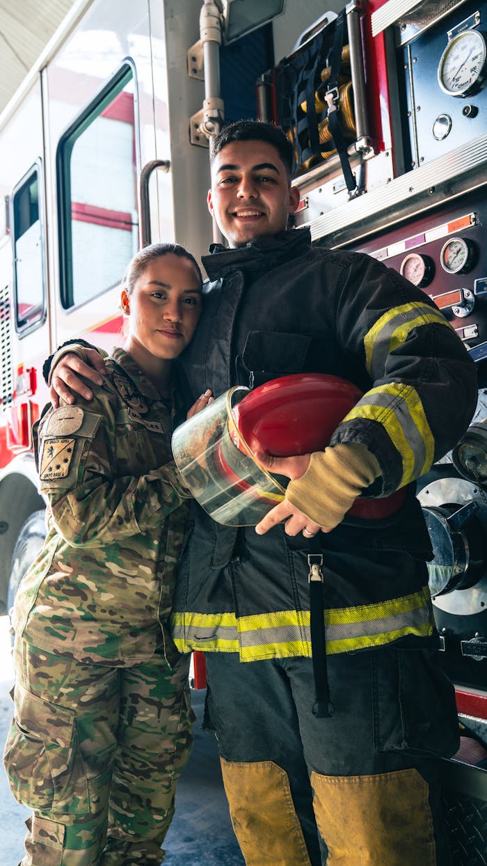 Firefighter in uniform and soldier in camouflage pose by fire truck, symbolizing teamwork.