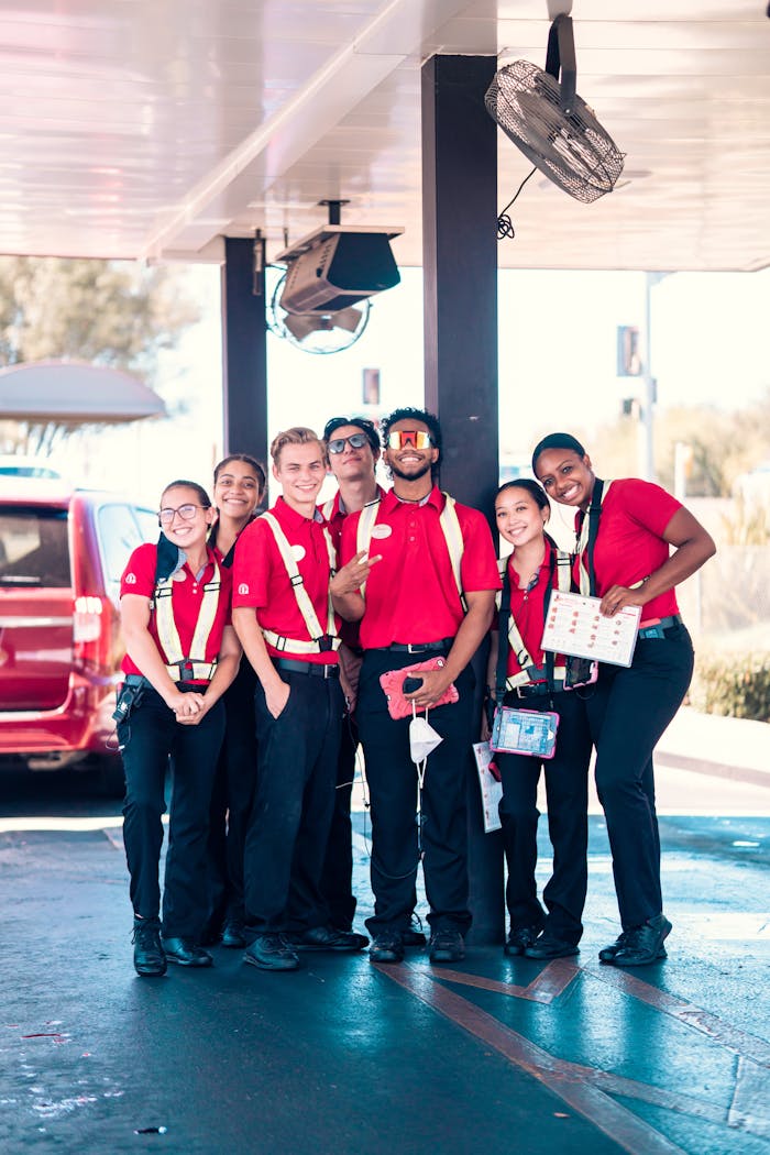 A diverse group of fast food employees smiling in uniforms outdoors
